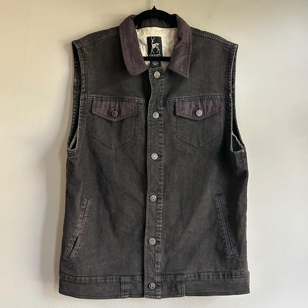 Kane & Unke Mens Black Denim Vest Corduroy Trim Paisley Lined Skeleton Logo L